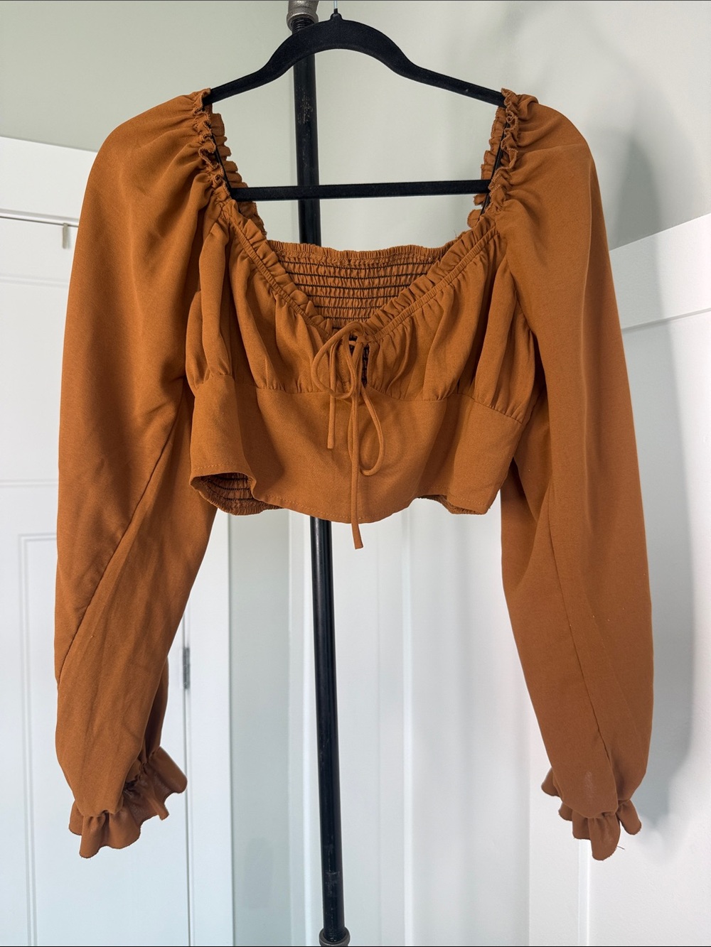 SHEIN Rust Orange Smocked Cropped Peasant Top with Balloon Sleeves